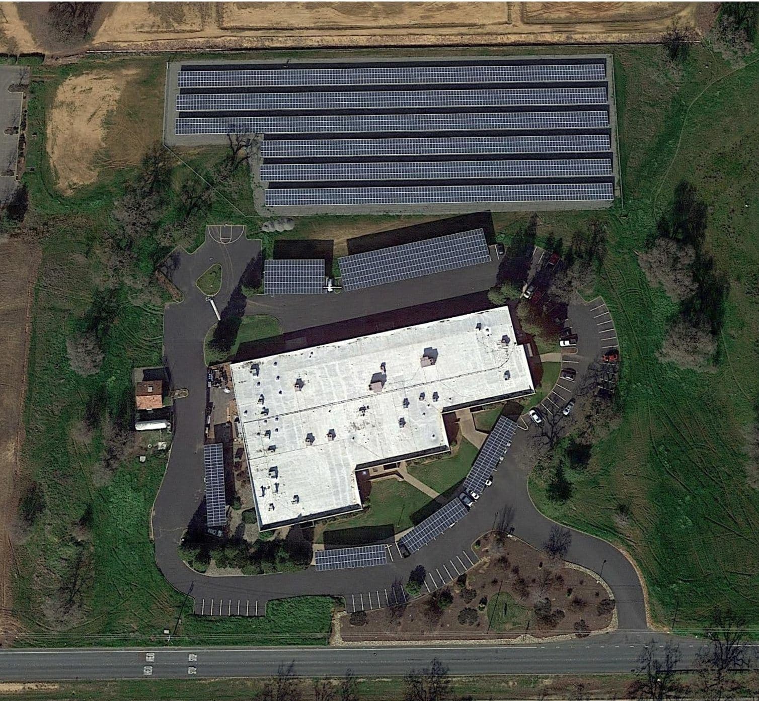 Aerial view of RobbJack's Lincoln, California facility with on-site solar arrays covering the grounds and parking canopies