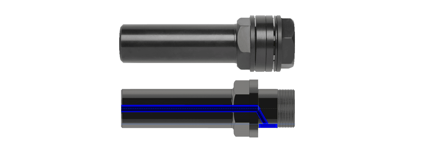 RobbJack NAB-TC ultra precision thru-coolant saw arbor — cutaway showing the internal coolant path feeding both faces of the slitting saw