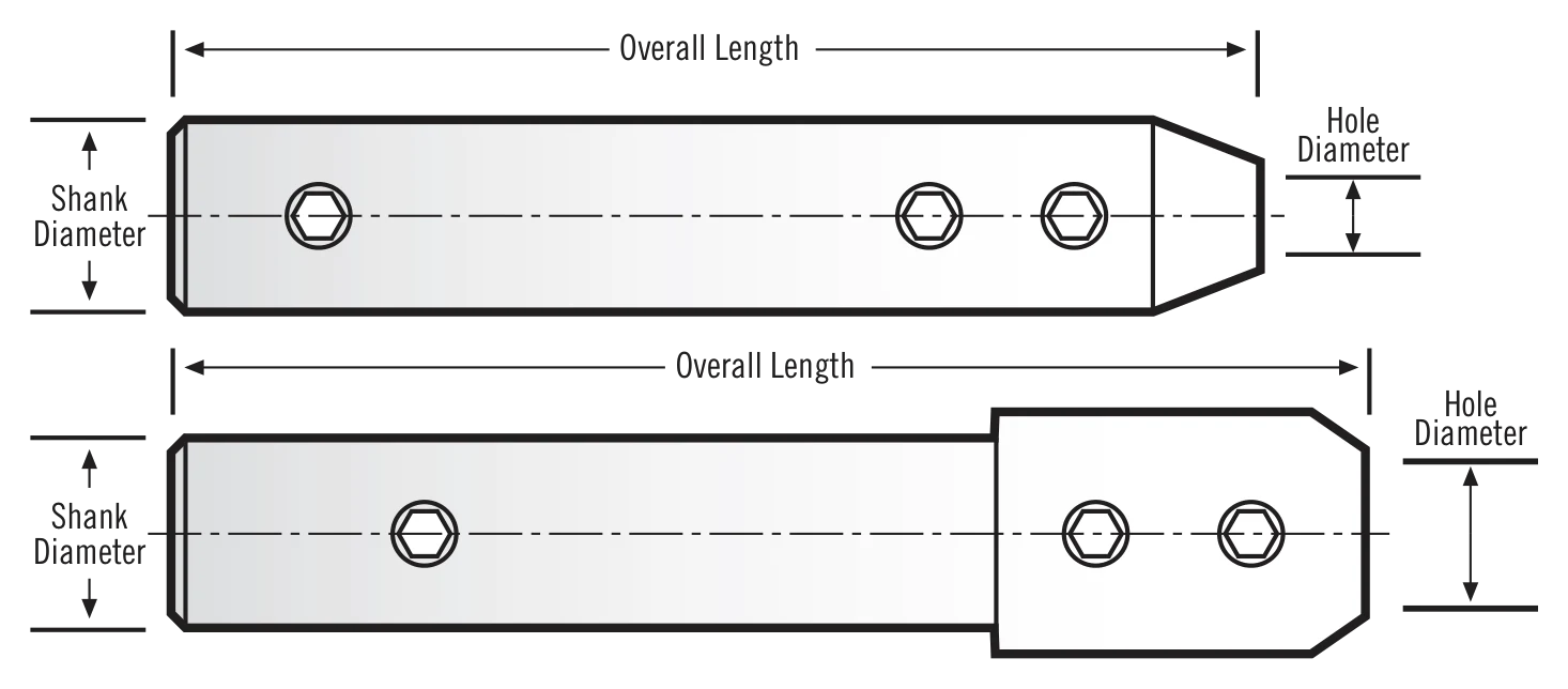 ACH extension holder dimension diagram showing overall length, shank diameter and hole diameter for straight and stepped-head styles