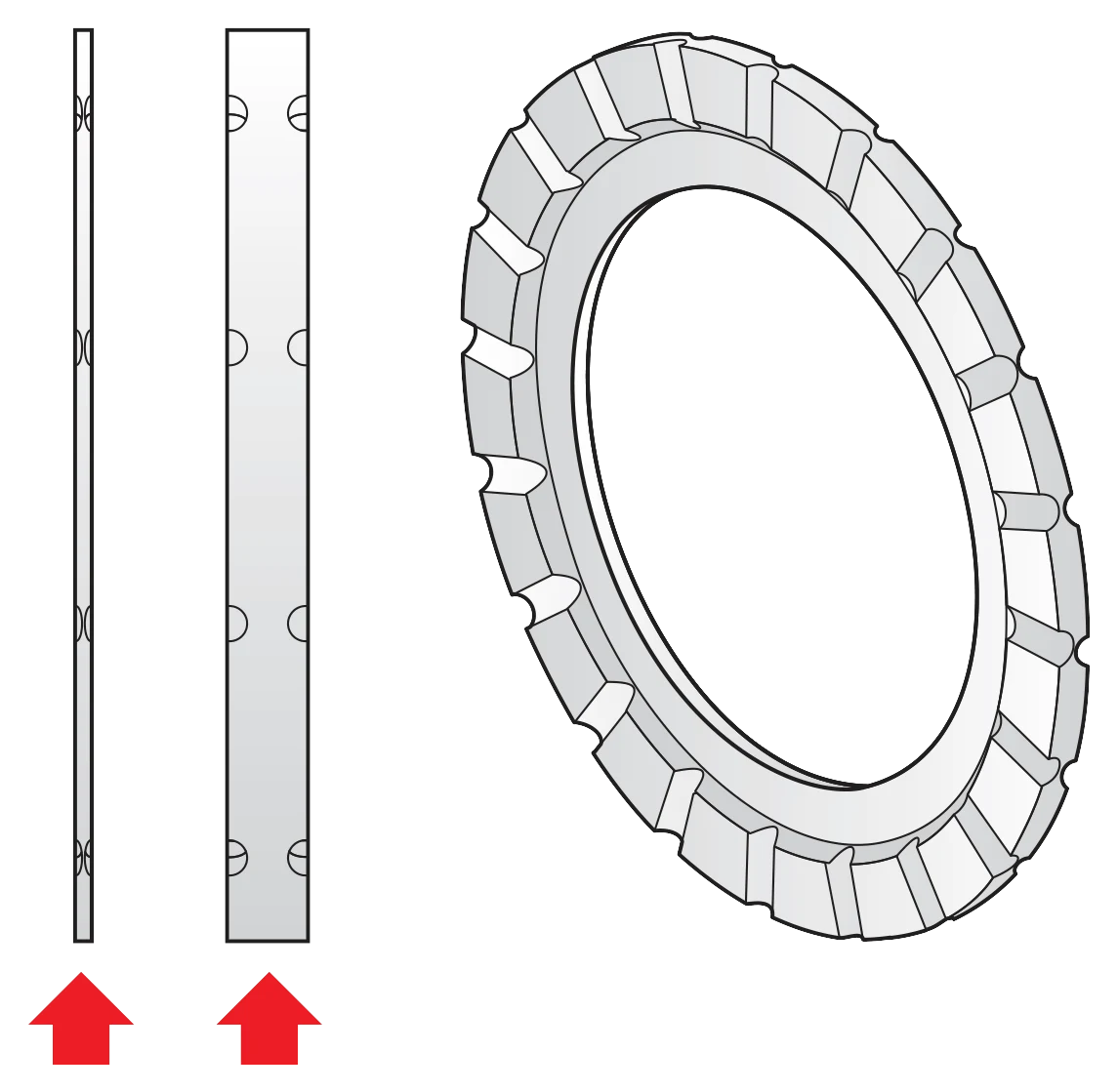 CSP thru-coolant spacer diagram showing thin and thick spacer cross-sections and the channeled spacer face