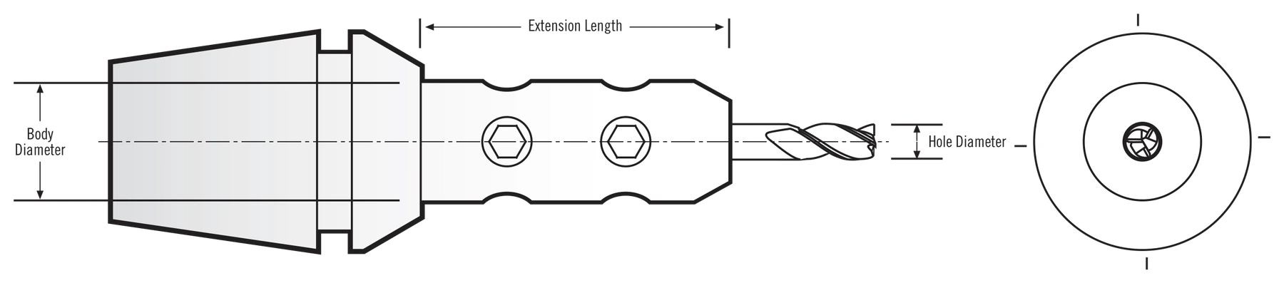 Dimension diagram of an ER solid mill extension: body diameter, extension length, and hole diameter