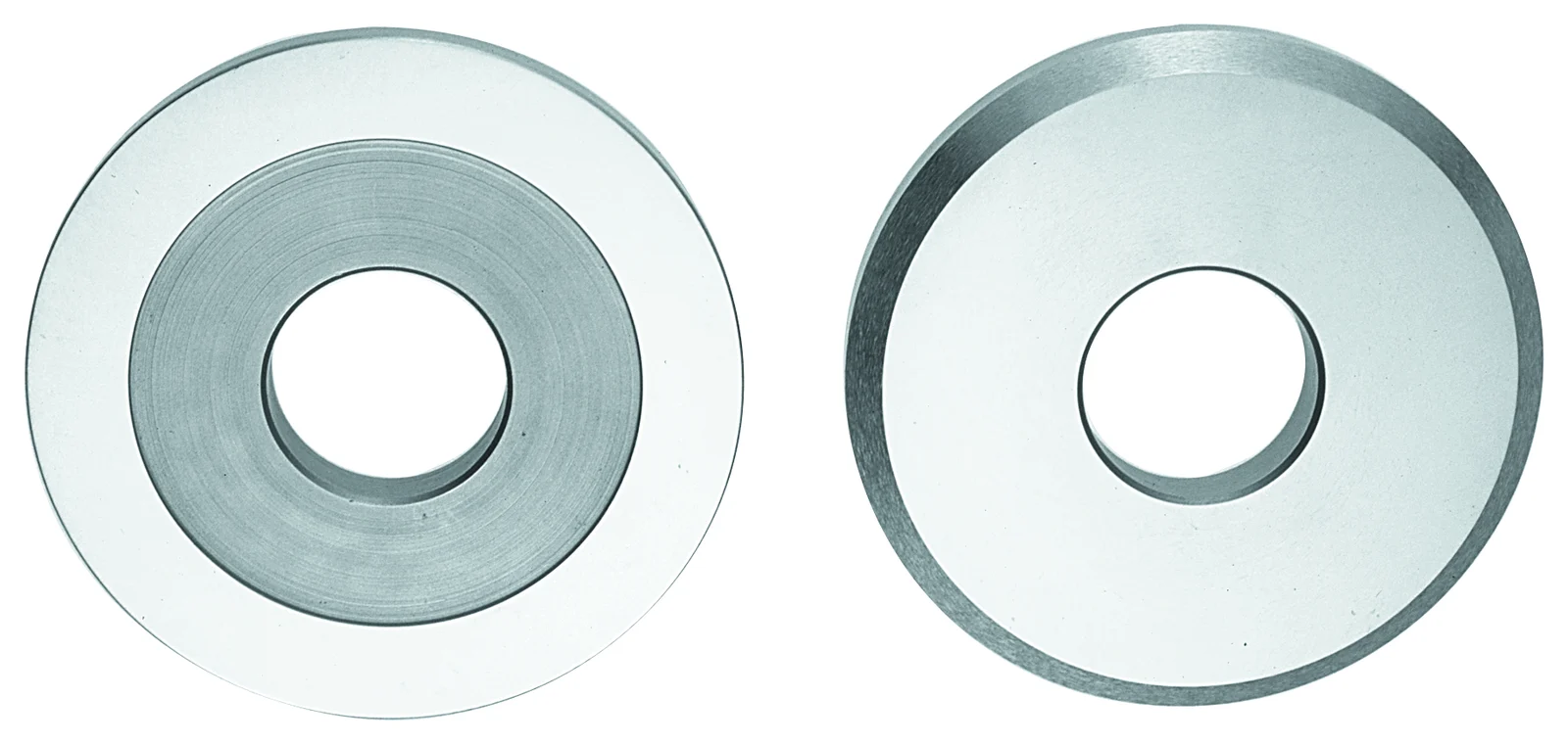 Pair of precision-ground steel saw arbor flanges, front and back faces