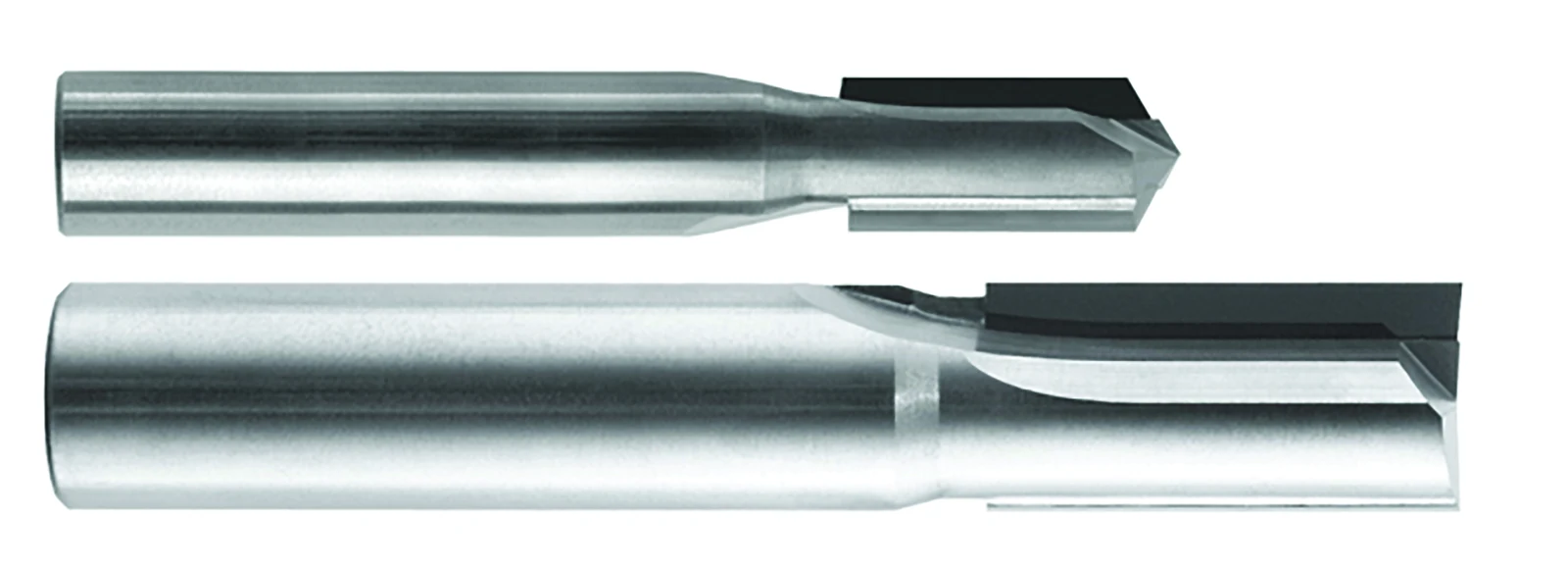 RobbJack PCD-tipped router bits, drill point and square end versions with black polycrystalline diamond tips