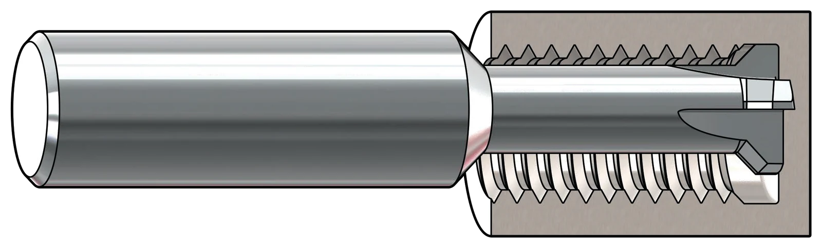 RobbJack RTHR internal thread relief end mill machining a relief at the bottom of a blind threaded hole, shown in cutaway
