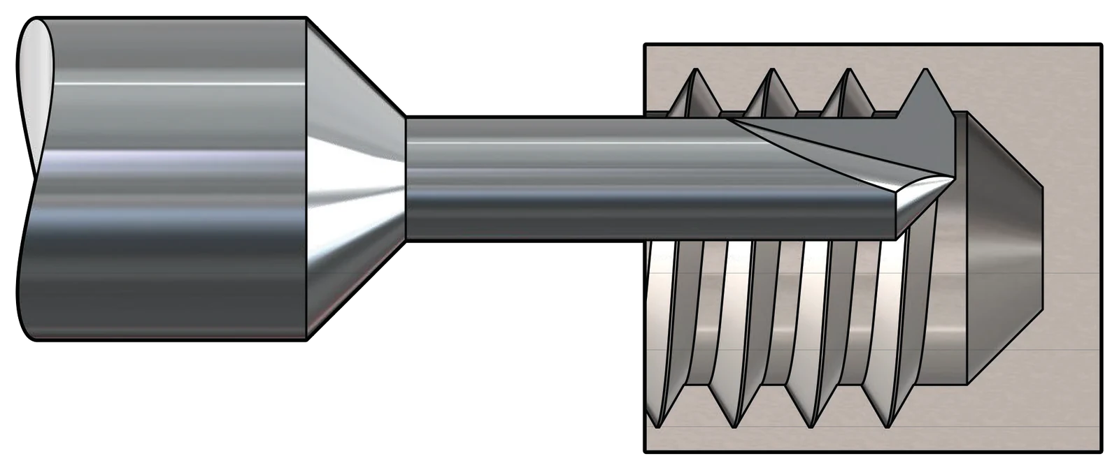 RobbJack THR solid carbide single-profile thread mill cutting internal threads, shown in cutaway of a threaded hole